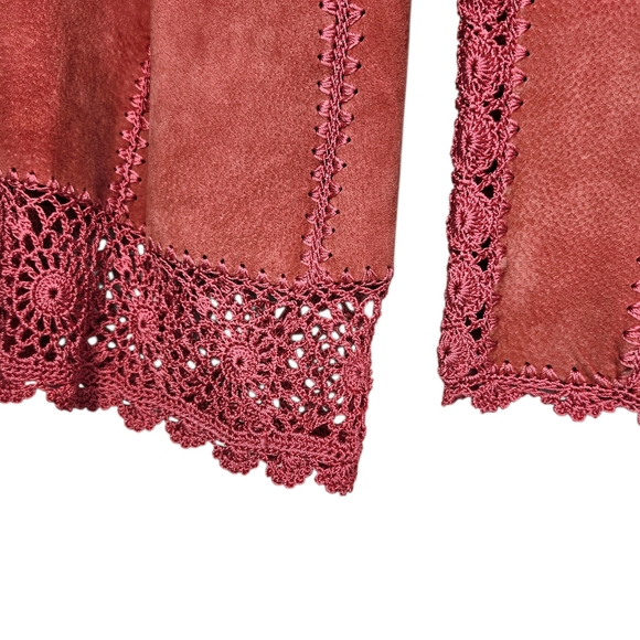 Vintage Suede Crochet Patchwork Jacket XL Boho Western Pink Coral Button Front - Picture 10 of 16